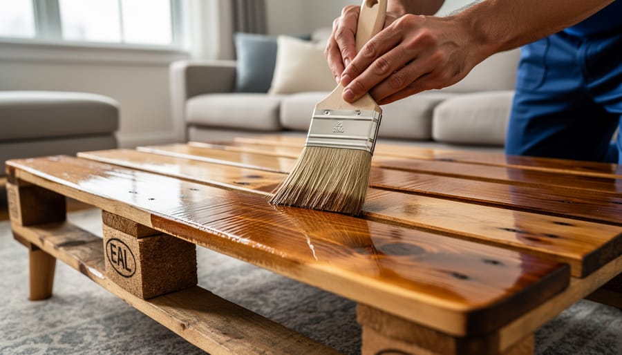 Close-up of hand applying wood finish with brush to sanded pallet wood surface