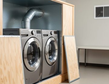 Commercial front-loading dryer in a custom fire-rated plywood cabinet with metal-lined interior; removable access panel set aside exposing rigid 4-inch galvanized duct with a single gentle bend; soft daylight; blurred background with makeup air vent and folding table; no text or logos.