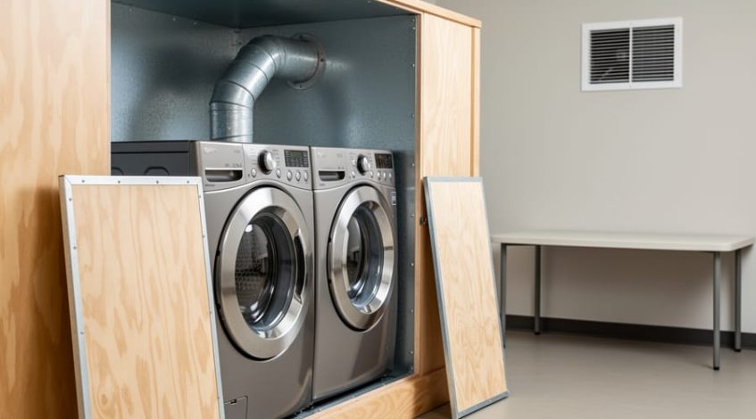 Commercial front-loading dryer in a custom fire-rated plywood cabinet with metal-lined interior; removable access panel set aside exposing rigid 4-inch galvanized duct with a single gentle bend; soft daylight; blurred background with makeup air vent and folding table; no text or logos.