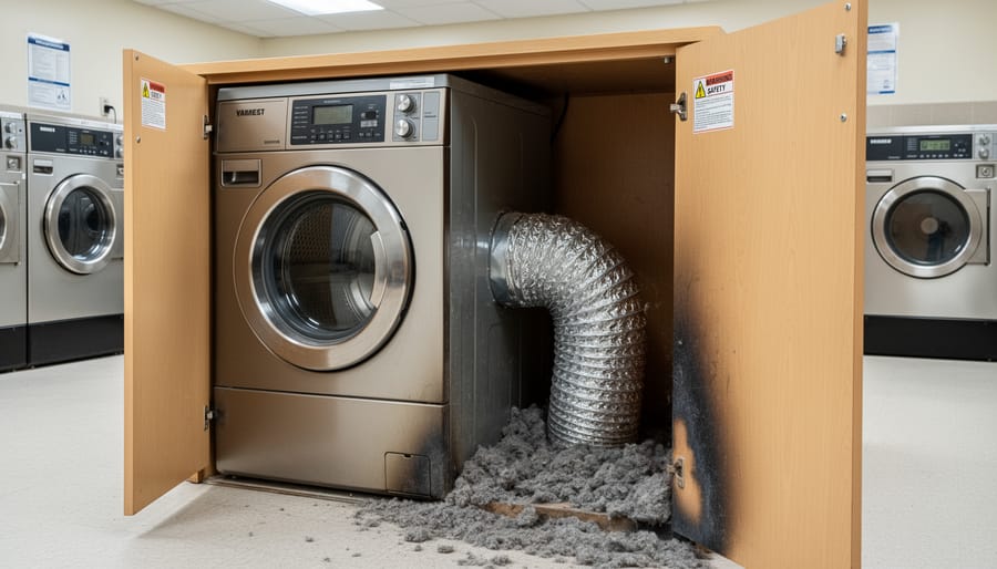 Damaged commercial dryer vent cabinet showing lint buildup and heat damage