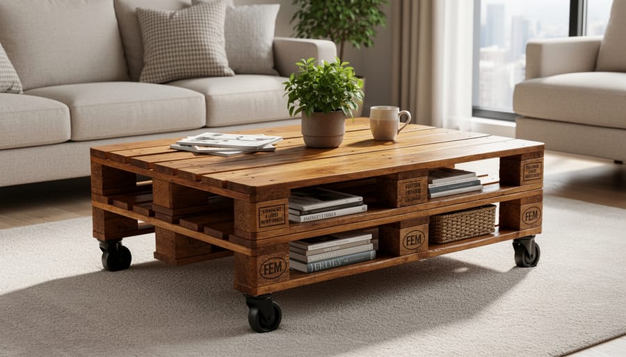 Completed rustic pallet wood coffee table with natural finish in modern living room