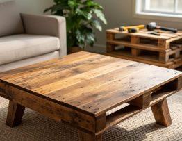 Handcrafted coffee table made from reclaimed pallet boards with visible grain, knots, and nail holes, photographed at a three-quarter angle in a bright living room with a neutral sofa, rug, houseplant, and softly blurred stack of pallets and hand tools in the background.