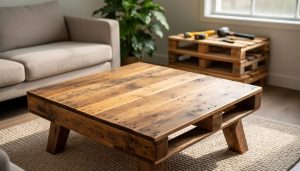 Handcrafted coffee table made from reclaimed pallet boards with visible grain, knots, and nail holes, photographed at a three-quarter angle in a bright living room with a neutral sofa, rug, houseplant, and softly blurred stack of pallets and hand tools in the background.
