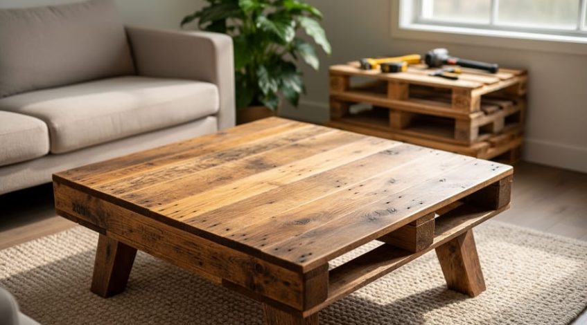 Handcrafted coffee table made from reclaimed pallet boards with visible grain, knots, and nail holes, photographed at a three-quarter angle in a bright living room with a neutral sofa, rug, houseplant, and softly blurred stack of pallets and hand tools in the background.