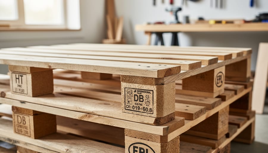 Close-up of wooden pallet showing HT heat-treated stamp marking on weathered wood