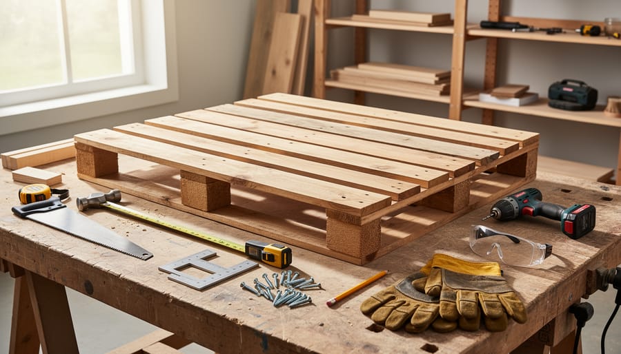 Overhead view of woodworking tools and materials arranged on workbench for pallet furniture project