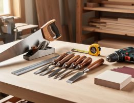 Essential beginner woodworking tools—handsaw, square, block plane, chisels, hammer, tape measure, drill, and sandpaper—arranged on a workbench with a small piece of wood.
