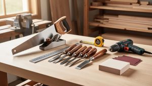 Essential beginner woodworking tools—handsaw, square, block plane, chisels, hammer, tape measure, drill, and sandpaper—arranged on a workbench with a small piece of wood.
