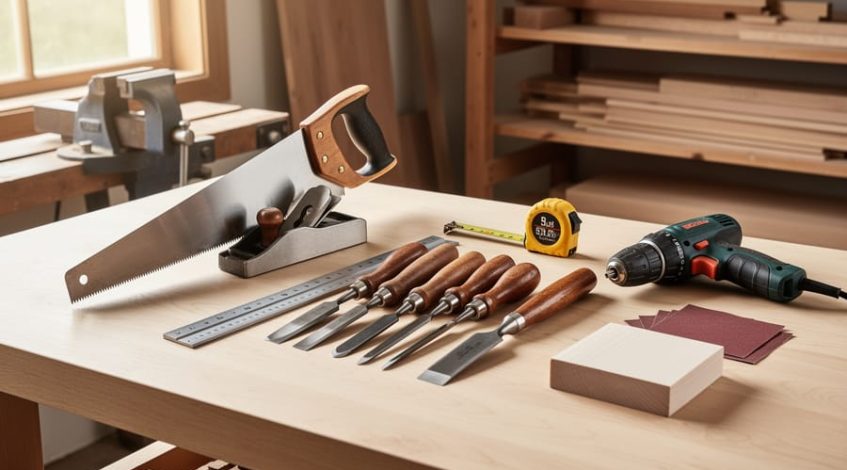 Essential beginner woodworking tools—handsaw, square, block plane, chisels, hammer, tape measure, drill, and sandpaper—arranged on a workbench with a small piece of wood.