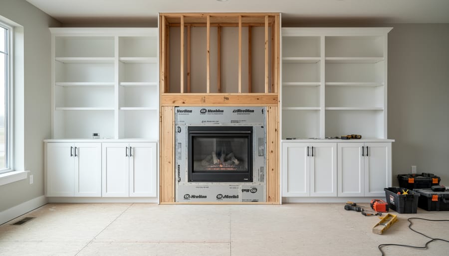 Built-in cabinetry framing around a zero-clearance gas fireplace during installation, showing non-combustible materials.