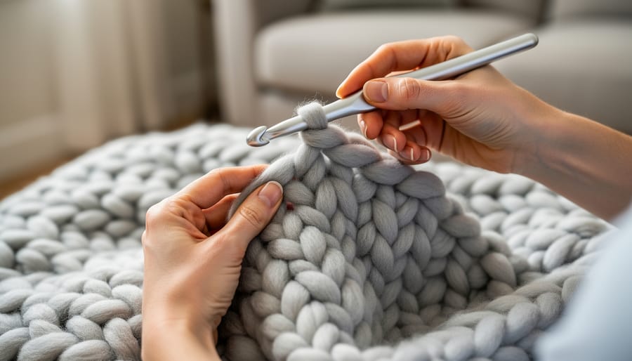Close-up of hands holding super bulky yarn and a large crochet hook over a partially crocheted blanket