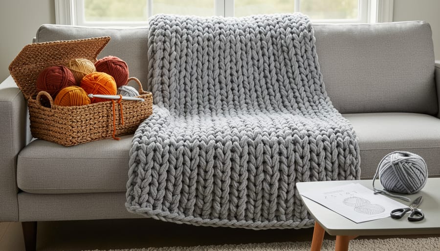 Cozy chunky crochet blanket draped on a couch with yarn skeins nearby