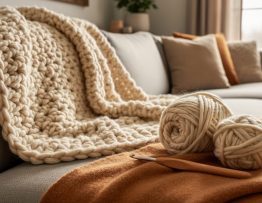 Close-up of a cozy crochet blanket made with super bulky yarn on a couch, with a crochet hook and yarn skeins beside it.