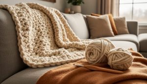 Close-up of a cozy crochet blanket made with super bulky yarn on a couch, with a crochet hook and yarn skeins beside it.