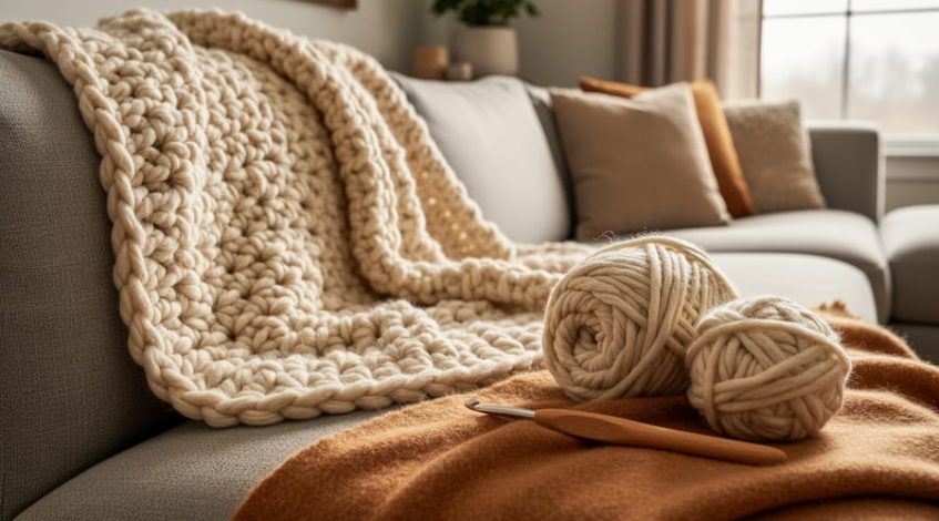 Close-up of a cozy crochet blanket made with super bulky yarn on a couch, with a crochet hook and yarn skeins beside it.