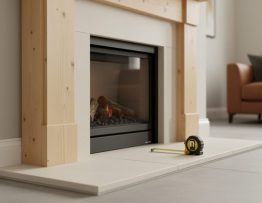 Woodworking materials and a tape measure near a modern fireplace, highlighting a non-combustible hearth designed for safe clearance.