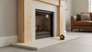 Woodworking materials and a tape measure near a modern fireplace, highlighting a non-combustible hearth designed for safe clearance.