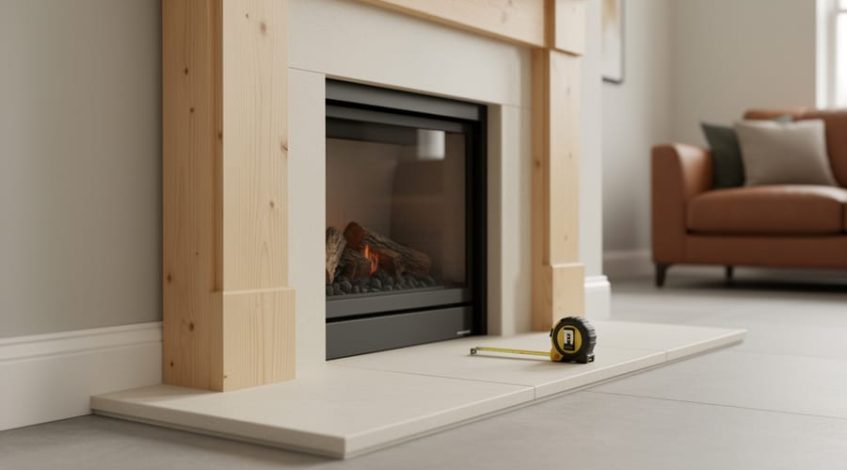 Woodworking materials and a tape measure near a modern fireplace, highlighting a non-combustible hearth designed for safe clearance.