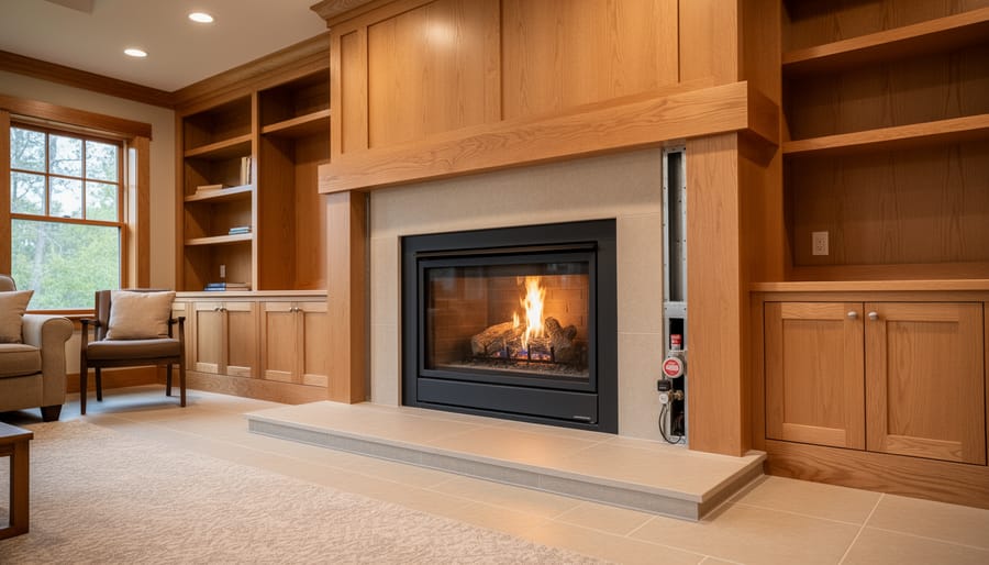Gas fireplace with a custom wooden surround and clearly finished hearth area in a living room.
