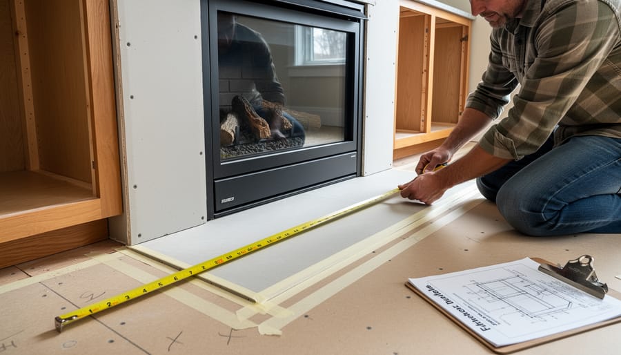 Gloved hand measuring near the hearth extension and non-combustible floor materials at a gas fireplace.