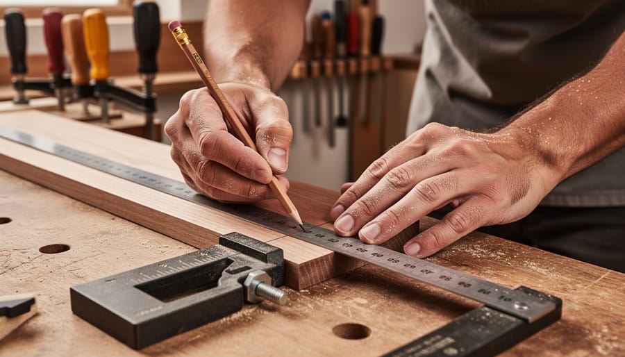 Hands using a combination square and marking gauge to mark a pine board on a workbench