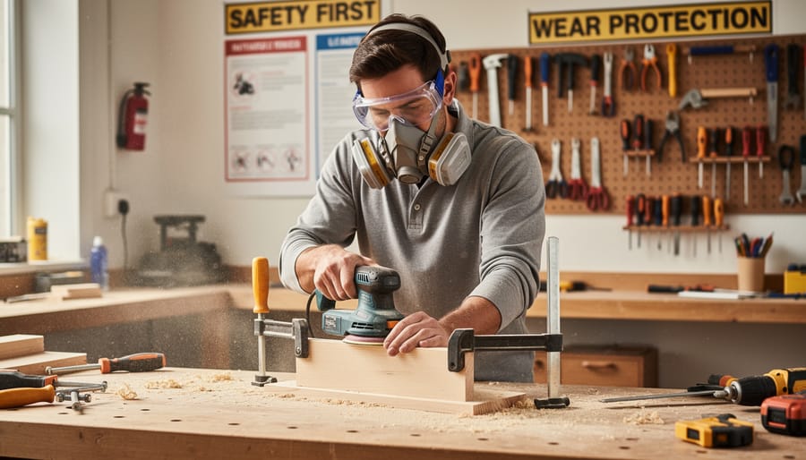 Person sanding wood while wearing safety glasses and a dust mask in a tidy workshop with vacuum nearby