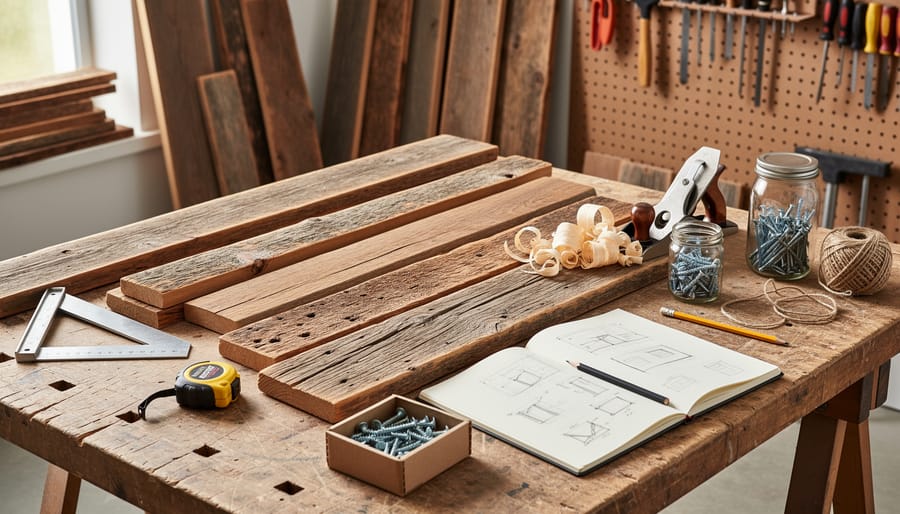 Reclaimed wood boards and small hardware items such as screws and wood glue arranged for a beginner woodworking project