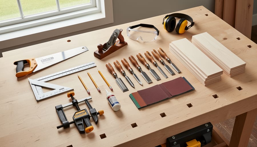 Starter woodworking kit laid out on a workbench with measuring tools, hand saw, chisels, plane, clamps, drill bits, and safety gear