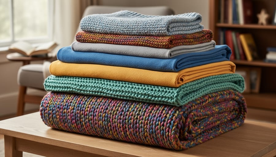 Three stacked crochet blankets in different sizes and colors arranged on a bed or reading chair