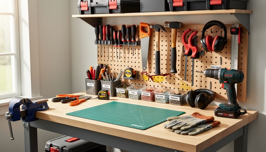 Organized beginner woodworking workbench with common hand tools, clamps, and a sander