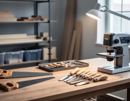 Beginner woodworking workshop setup with a sturdy workbench, neatly arranged hand tools and a compact power tool, bright task lighting, and organized space for safe projects.