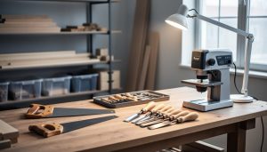 Beginner woodworking workshop setup with a sturdy workbench, neatly arranged hand tools and a compact power tool, bright task lighting, and organized space for safe projects.
