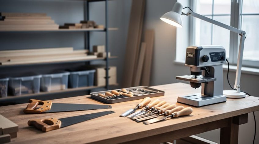 Beginner woodworking workshop setup with a sturdy workbench, neatly arranged hand tools and a compact power tool, bright task lighting, and organized space for safe projects.
