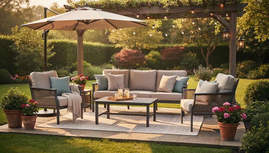 Cozy outdoor patio with weather-resistant lounge furniture, cushions, and potted plants
