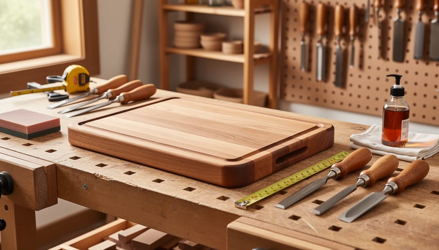 Finished beginner woodworking cutting board held by hands on a workshop workbench