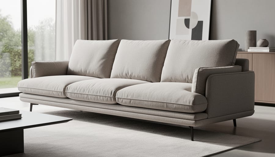 Person relaxing on an outdoor deep-seating sofa with thick cushions at golden hour