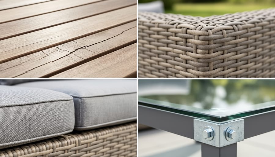 Close-up of outdoor furniture materials including reclaimed wood, aluminum frame, wicker weave, and recycled plastic