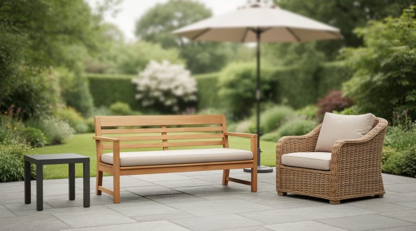 Outdoor patio furniture set with a teak bench, aluminum side table, and wicker lounge chair with neutral cushions in soft natural daylight.