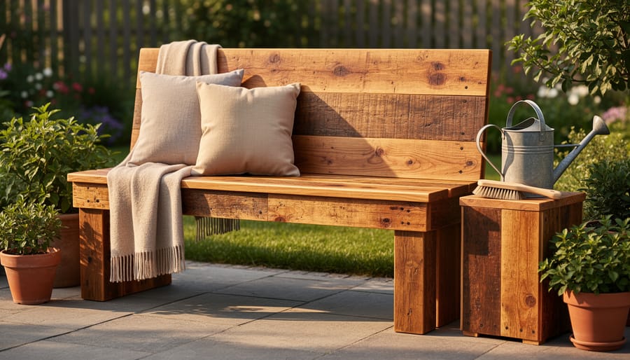 Handcrafted reclaimed wood patio bench being cleaned and sealed with tools in the background