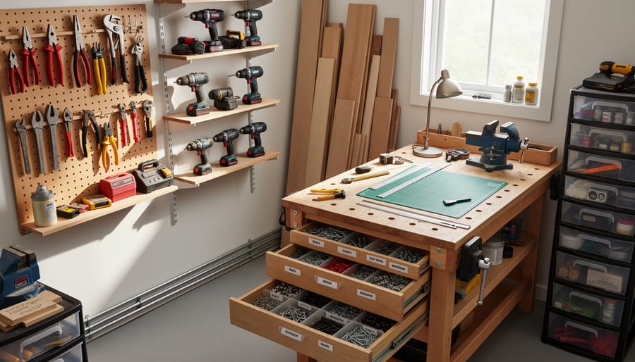 Small garage woodworking workshop showing lumber storage, pegboard tool organization, and clear floor space