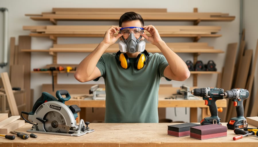 Beginner woodworking safety gear including eye protection, hearing protection, respirator, and gloves