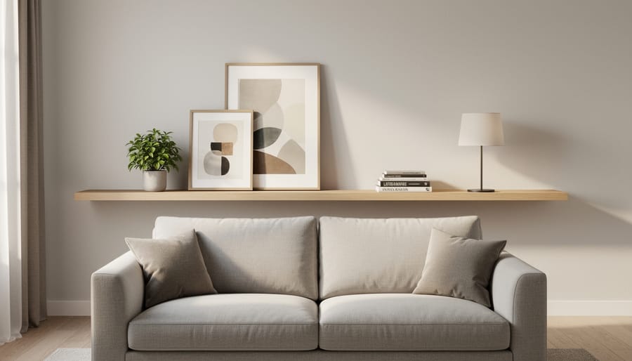 Long floating shelf behind a sofa styled with a lamp, frames, and décor.
