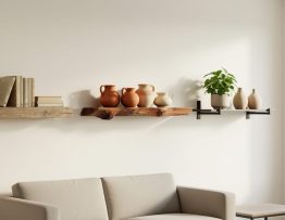 Living room wall with floating shelves made from reclaimed wood and walnut, styled with books, handmade pottery, and a small plant.