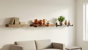 Living room wall with floating shelves made from reclaimed wood and walnut, styled with books, handmade pottery, and a small plant.