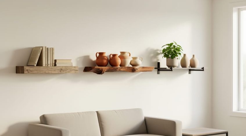 Living room wall with floating shelves made from reclaimed wood and walnut, styled with books, handmade pottery, and a small plant.