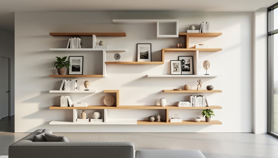 Asymmetric floor-to-ceiling floating shelf wall displaying books and décor in a living room.