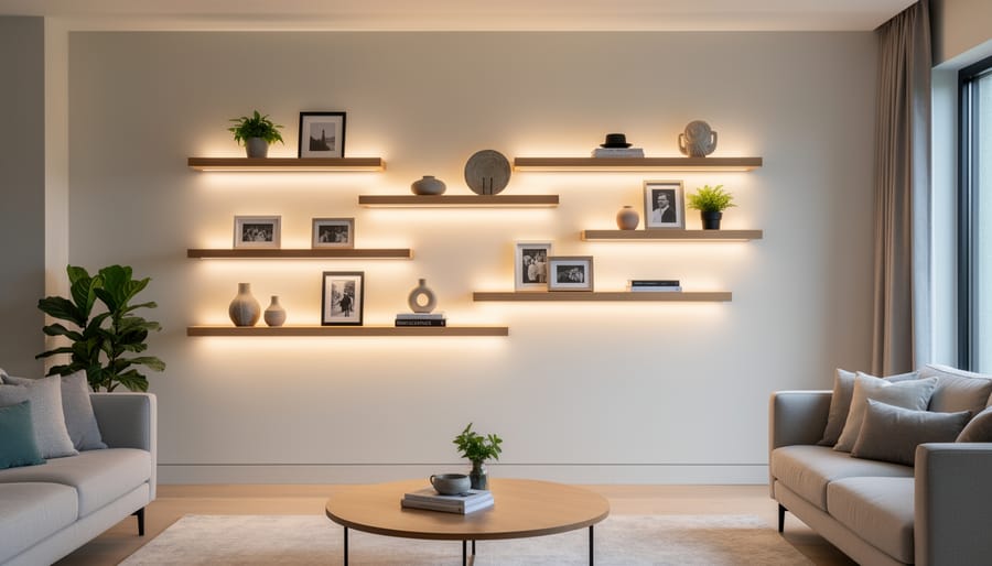 Floating shelf with warm LED strip lighting beneath in a modern living room.
