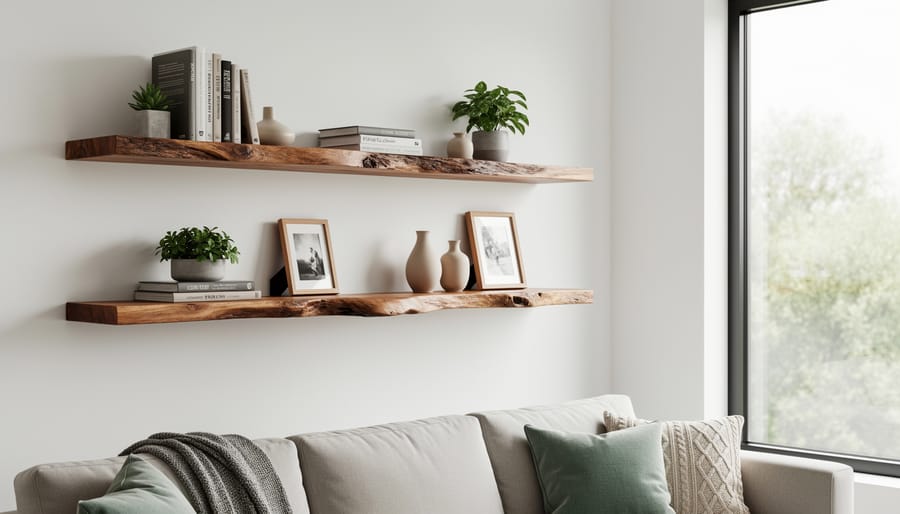 Live-edge floating shelves with natural wood grain holding décor in a living room.