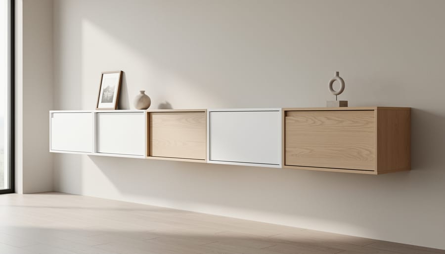 Minimalist enclosed floating box shelves with hidden storage in a modern living room.