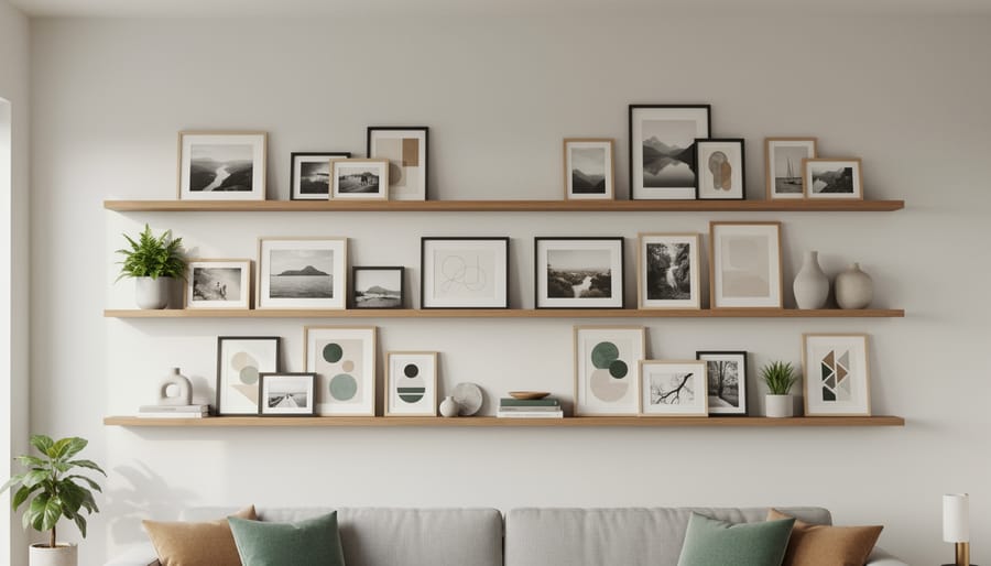 Shallow floating picture ledges arranged across a living room wall with framed photos.